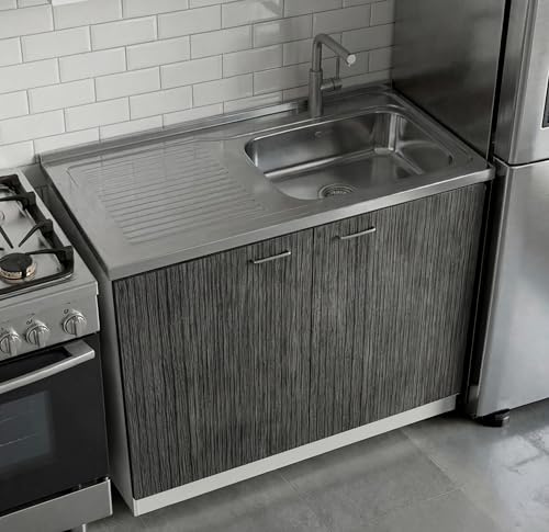 Tuhome Napoles Utility Sink Base Cabinet with Integrated Stainless Steel Countertop, Freestanding Cabinet with Double Doors, Interior Shelf for Laundry Room, Utility Room, Mudroom or Kitchen
