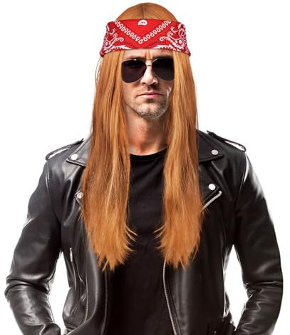 Aomig Rocker Schwermetall Punker Kostüm Zubehör, Punk Gothic Rocker Kit mit Perücke Bandanas Nylon Wig Cap, Disco Rockstar Perücke, 70er 80er 90er Jahre Jahre Accessoires für Männer Frauen