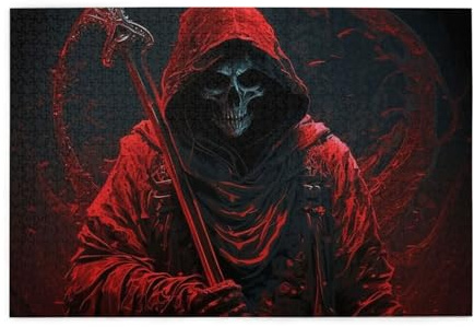 HERRECX 1000 Piece Jigsaw Puzzle Grim Reaper Sickle Skull Red Dark Wood Puzzle for Adults Teens Family Game Educational Toys Gifts
