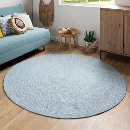 Steffensmeier Handweb Teppich Bali | 100% Baumwolle, Hellblau meliert, handgefertigt, Größe: Ø 170 cm | Flur, Eingangsbereich, Wohnzimmer