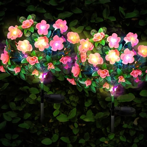 FWLWTWSS Solar Flower Lights Outdoor Garden - 2 Pack Rhododendron Solar Lights, Powered Waterproof with 21 Small Rhododendron Flowers, Garden Ornaments Outdoor (Pink)