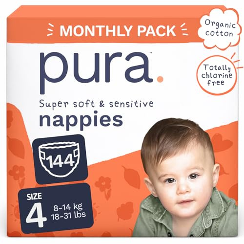 Pura Eco Baby Nappies - Size 4 (8-14kg / 18-31 lbs), 6 x 24 Nappies (144 Total), Monthly Pack, Ultra Soft Nappies for Sensitive Skin, Organic Cotton, Up to 12hrs Leak Protection, New Size Guide