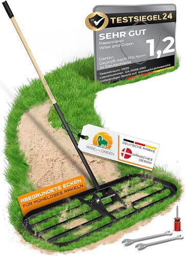 Rasenrakel mit runden Ecken von WISEandGREEN | 80x30cm | Kein Verkanten – Schonende perfekte Rasenpflege aus hochwertigem rostfreien Edelstahl Nivellierrechen, Premium Gartengerät mit Stiel
