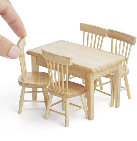 Odoria Miniatura Mesa de Comedor y Sillas: 5Pzs Escala 1/12 Mesa Rectángulo para Cocina Restaurante Comedor Vintage - Mini Muebles Casa de Muñecas Madera