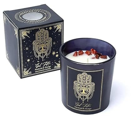LivuX Manifestationsljus Good Fortune 20 timmar – Glas med ädelstenar, 8 x 7 cm, handgjutet av soja- och palmvax, patchouli och apelsindoft, lyckoljus och andligt dekorativt ljus 120 g 1270