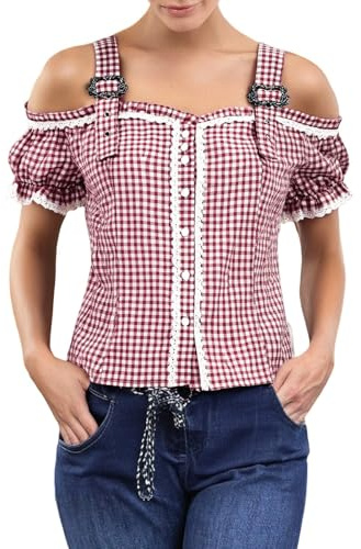 Camicetta da donna a quadretti, camicia bavarese per Oktoberfest, camicia bavarese con colletto alto, stile bavarese, per Carnevale, con bottone, camicia a maniche corte, per la birra, colore rosso e