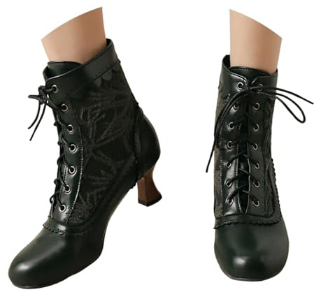 Stivaletti Tacco Basso Donna Stivali Vittoriani Vintage Stivali Punk Gotici con Gambo Corto in Pelle a Punta PU Ankle Boots con Zip con Lacci per Costumi da Festa