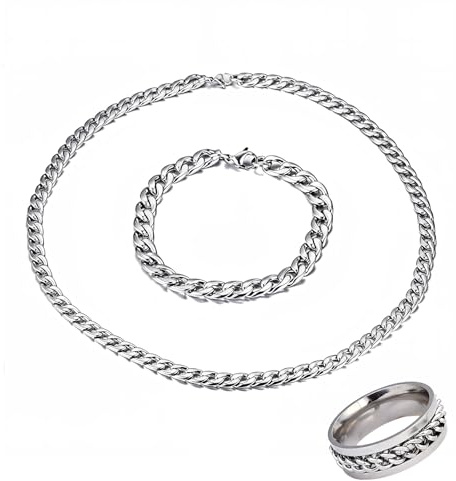 VYNZOR Ensemble de 3 bijoux Collier et Bracelet en Acier Inoxydable, chaîne pour Hommes en Argent, garçons, Ensemble Collier et Bracelet de 8 mm de Large, garçons et Filles,Anneau attaché à une chaîne