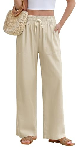 Fashora Pantalon Lin Femme Pantalon Large Été Elastique Taille Haute Pantalon Fluide Ample Décontractée Palazzo Pants Plage Pantalons Elegant avec Poches
