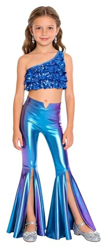 ranrann Tuta da Ginnastica Artistica Ragazza Monospalla Crop Top in Paillettes e Pantaloni a Zampa Completo Sportivo da Danza Moderna Jazz Hip Hop Ballo di Strada B Blu Reale 9-10 Anni