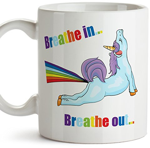 Mugffins Tasse de Yoga (en Anglais) - Licorne Respirez dans Respirez - Cadeau Original et Amusant pour Les Amateurs de Yoga et Les Amateurs de Licorne - Tasse à café - Céramique 350 ML / 11 oz