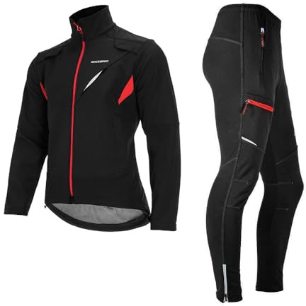 ROCKBROS Ensemble Cyclisme + Pantalon Vélo Hiver Imperméable Coupe-Vent Thermique Polaire Réfléchissant Veste Homme Femme Respirant pour Cyclisme & Plein Air Noir M-4XL