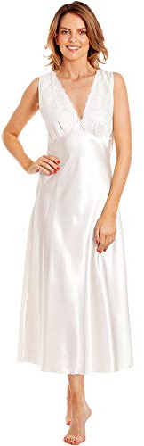 Undercover Womens Satin & Deep Lace Long Chemise Nightdress with Build Up Shoulder N52 Ivory