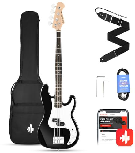 Donner E Bass Gitarre Anfänger Set, 4 Saiten P-Stil Bass Gitarren in voller Größe Elektrobass mit Gitarrentasche, Gitarrengurt und Gitarrenkabel (Schwarz)