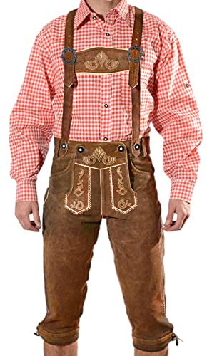 SYMPHONIE WESTERWALD Bayerische Herren Trachten Lederhose, Trachtenlederhose mit Trägern, Oktoberfest in Mittelbraun Größe 56