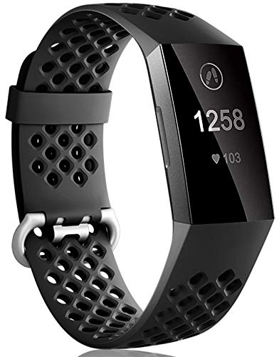 Dirrelo Compatible with Fitbit Charge 3/ Charge 4 Strap, Sport Silicone Adjustable Replacement with Breathable Holes Accessories Wristband for Fitbit Charge 3 SE, for Women Men, Large Black
