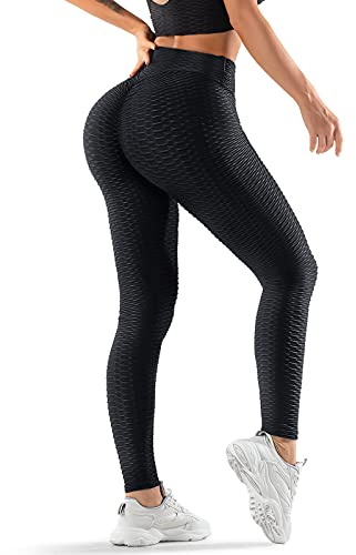 Oielai Tik Tok-sportleggings för damer, med hög midja, push up boom booty-leggings med magkontroll, långa sportbyxor, träningsbyxor, yogaleggings för kvinnor och flickor, svart, L