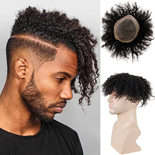 Voloria Toupee for Man Europen Human Hair Replacement Systems Men Hairpiece Mono Lace with PU Around Curly Wig (Natural Black Color, 10x8).