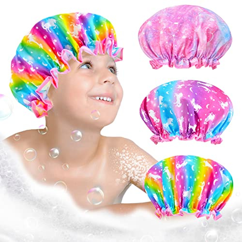 Olypegic Cuffia da doccia per bambini, 3 pezzi, cuffia da doccia per bambini, riutilizzabile, impermeabile, regolabile, grande, con unicorno, sirena, arcobaleno, carino