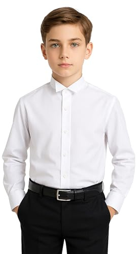 Camisa de Esmoquin de Corte Entallado con Cuello Italiano y bragueta de ala para niño - Mezcla de algodón de Manga Larga en Blanco tamaño 12 años