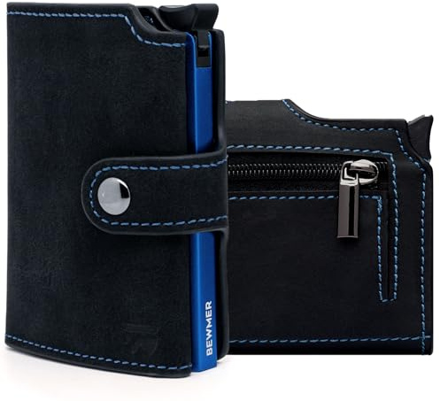 BEWMER Cartera Tarjetero 2 para Hombre y Mujer con Monedero | Billetera Minimalista Porta Tarjetas de Crédito (Protección RFID), Billetes y Monedas (Negro Azul)