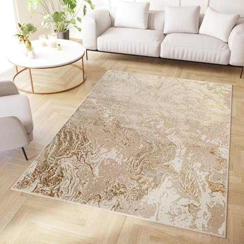 TAPISO Crystal Teppich Kurzflor Glänzend Beige Gold Marmoreffekt 3D Effekt Wohnzimmer Schlafzimmer Modern Design ÖKO-TEX 160 x 220 cm