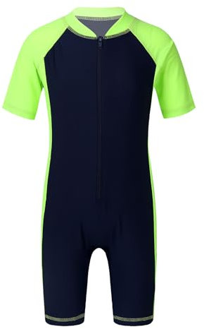 Fldy Kinder Jungen Mädchen Badeanzug Einteiliger Mit Bein Surfen Tauchen Bademode Kurzarm Schwimmoverall UV-Schutz Wassersport Outfit Marineblau&Neon 146-152
