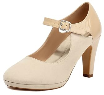 elerhythm Mary Jane à talons rétro à bout fermé avec bride perforée en daim chic vintage style Gatsby, beige, 41 EU