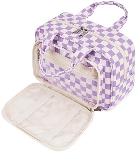 Narwey Full Size Toiletry Bag Large Wash Bag Makeup Bag Travel Organizer Cosmetic Bag for Women (Purple Checkerboard)