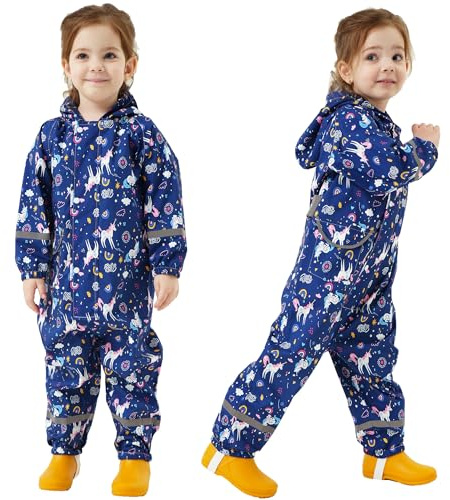 Fewlby Puddle Suit Girls Rain Suit, Waterproof Suit Kids All in One Waterproof Overalls Rainsuit Blue Unicorn Muddy Suit One Piece Raincoat Hoodie Rainwear, 2-5 Years M Size