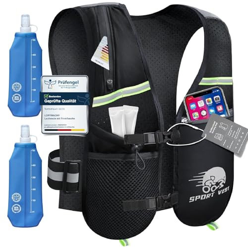 Laufweste mit Trinkflasche - Ultraleicht Laufweste Herren mit 2 x 500ml Soft Flask, 6 Taschen, Atmungsaktiv, Verstellbare Running Vest Women für Laufen, Marathon, Jogging, Radfahren