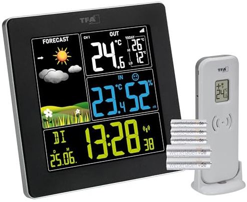 TFA Dostmann Wetterstation Funk mit Außensensor SUN2 digital, 35.1174, für Innen und Außentemperatur, großes Farbdisplay, Wohnklima, Funkuhr mit Datum, Hygrometer, mit Netzteil, schwarz mit Batterien