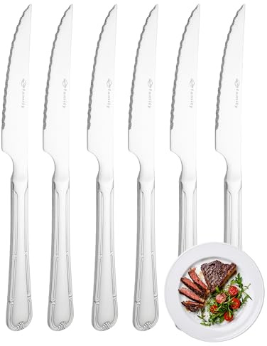 FAMILY Pack 6 Cuchillo de Carne 21.5x2CM Acero Inoxidable Diseño Flor, Elegancia y Funcionalidad para Cada Ocasión, Cubiertos de Alta Gama para Hogar y Restaurante