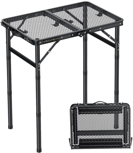 Diceaynico Folding Grill Table, 56 x 38 cm Portable Camping Table with Heat-Resistant Metal Mesh Top, 3 Adjustable Heights 26/48/70 cm, Lightweight Aluminium BBQ Side Table for Garden, Patio & Picnic