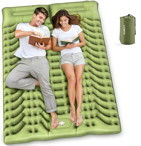 Double Sleeping Pad for Camping, Ultralight Self Inflating Sleeping Mat with Pillow and Built-in Foot Pump, 200 x 135 x 10 cm Extra-Thick Waterproof Air Mattress for Backpacking Hiking Traveling Tent