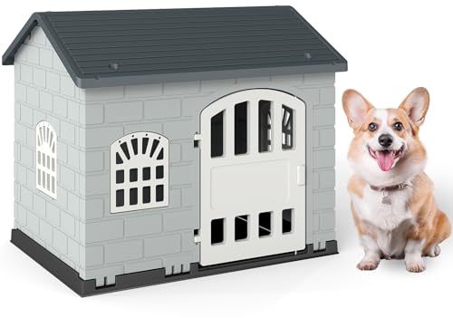 COSTWAY Hundkoja utomhus, väderbeständigt hundhus med sadeltak, låsbar dörr och 3 fönster, husdjurshus för små och medelstora hundar och katter, hundbur inomhus, 75 x 58 x 65 cm (grå)