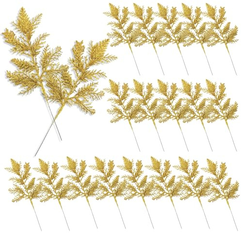 FUIPVGI 20 Pezzi Decorazioni per Albero di Natale Dorate, Fogliame Glitterato per Albero di Natale, Rametti di Foglie di Natale Artificiali per Decorazioni di Ghirlande di Natale, Festival e Matrimoni
