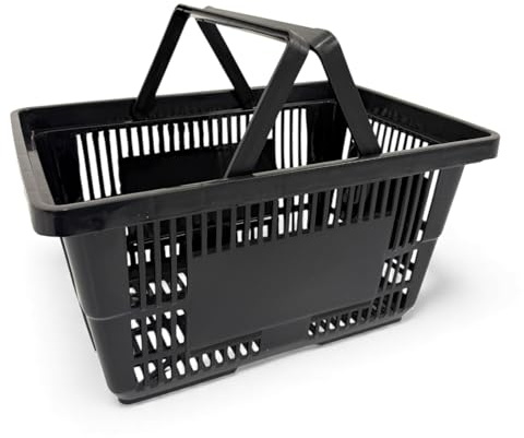 1x Black 28 Litre Plastic Shopping Basket with Handles Heavy-Duty HDPE Basket for Retail, Grocery & Convenience Stores Lightweight, Stackable