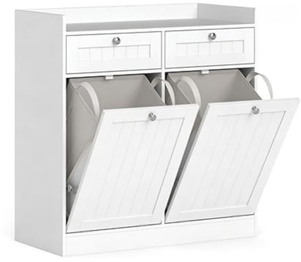 LIFEZEAL Armoire de Rangement avec Paniers à Linge, Armoire de Salle de Bain avec Sacs Amovibles et Tiroir, Meuble de Rangement Gain de Place pour Buanderie, Salle de Bain (Blanc, 79 x 40 x 80 cm)