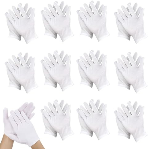 Gant Coton Blanc Eczema, 12 pièces Gants Coton Dermatologique, Gants Blancs, Gants En Coton pour Soins Des Mains, pour l'Inspection de Bijoux et Pièces, pour Soins de la Peau et Travail Quotidien