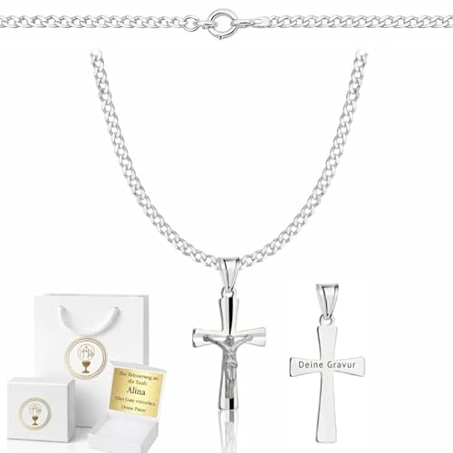 ZELYA Cadena de plata con cruz de plata de ley 925 cadena de eslabones para niñas y niños – 45-60 cm cadena de comunión con cruz, cadena infantil para comunión y bautizo, caja de regalo con grabado