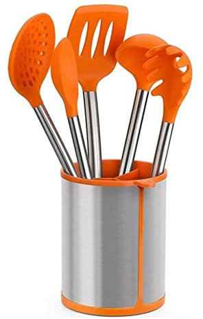 BRA Efficient Set in Acciaio Inox, Nylon/Silicone, Colore Arancione, Set di 5 Utensili da Cucina e Cestello 14.5x15x37.5 Cm