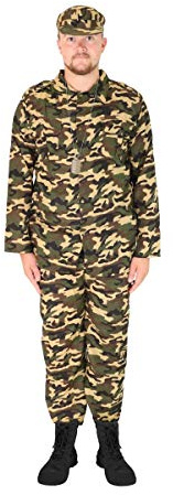 I LOVE FANCY DRESS LTD Armékostym för män. Action Man Soldier kostym för män. Kamouflage kostym i grönt, khaki, brun och beige. Army-jacka + matchande army-byxor + matchande army-byxor + matchande army-mössa.