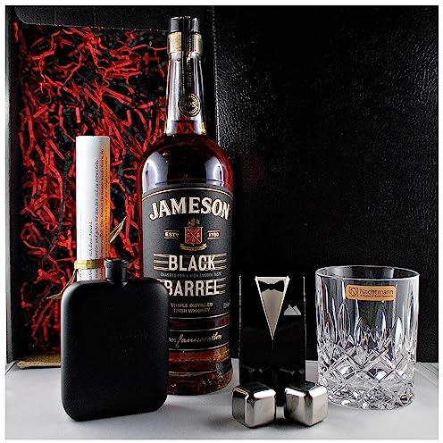 Jameson Black Barrel irischer Whiskey + Whiskey Glas + 2 Whisky Kühlsteine + Original Flachmann im Geschenk Karton Männergeschenke Genießer Set
