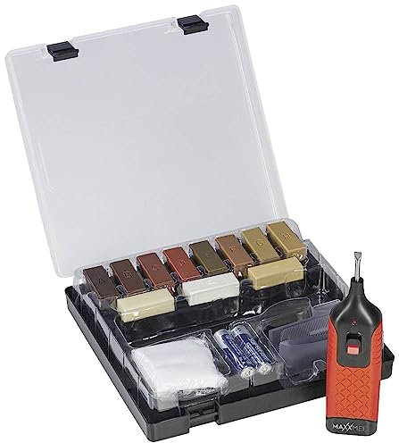 MAXXMEE Reparatur-Set Laminat & Parkett | Für Parkett-, Laminat- und Korkböden sowie Möbel, Türen & Fenster | Mit kabellosen Wachsschmelzer | 20-teiliges Set [11 Wachsfarben]