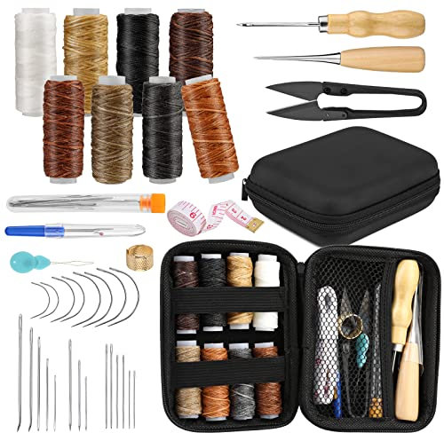 39 Pcs Ledernähungskit, Lederreparatur -Kit mit Wachspfaden, Polsterledernadeln, AWL, Messband, Nahtripper und Aufbewahrungspaket, Leder -Handwerkzeuge DIY Accessoires