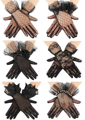 Maitys 6 Pairs Black Women Lace Gloves Tea Party Elegant Short Vintage Mesh Gloves Bulk for Ladies Wedding Bridal Opera