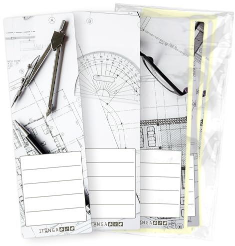 itenga 12x Ordneretiketten Ordnerrückenschild für breite Ordner 6x19cm I Aufkleber für Ordnerrücken als Panorama Motiv selbstklebend aus Haftpapier (Motiv technische Zeichnung)