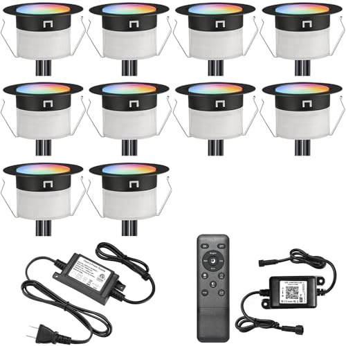 Sumaote 10Pcs WiFi RGBW Deck Lights Kit, 1.22 Recessed Low Voltage Step Lights Outdoor, IP67 Waterproof RGB and 3000K Dimmable Landscape Lighting for Stairs Path Pool Side, Smart APP Control