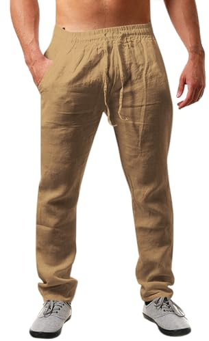 Runcati Pantalon en Lin pour Homme - Couleur Unie - Long - Léger - Coupe Ample - avec Cordon de Serrage - pour Les Vacances, la Plage, Le Quotidien